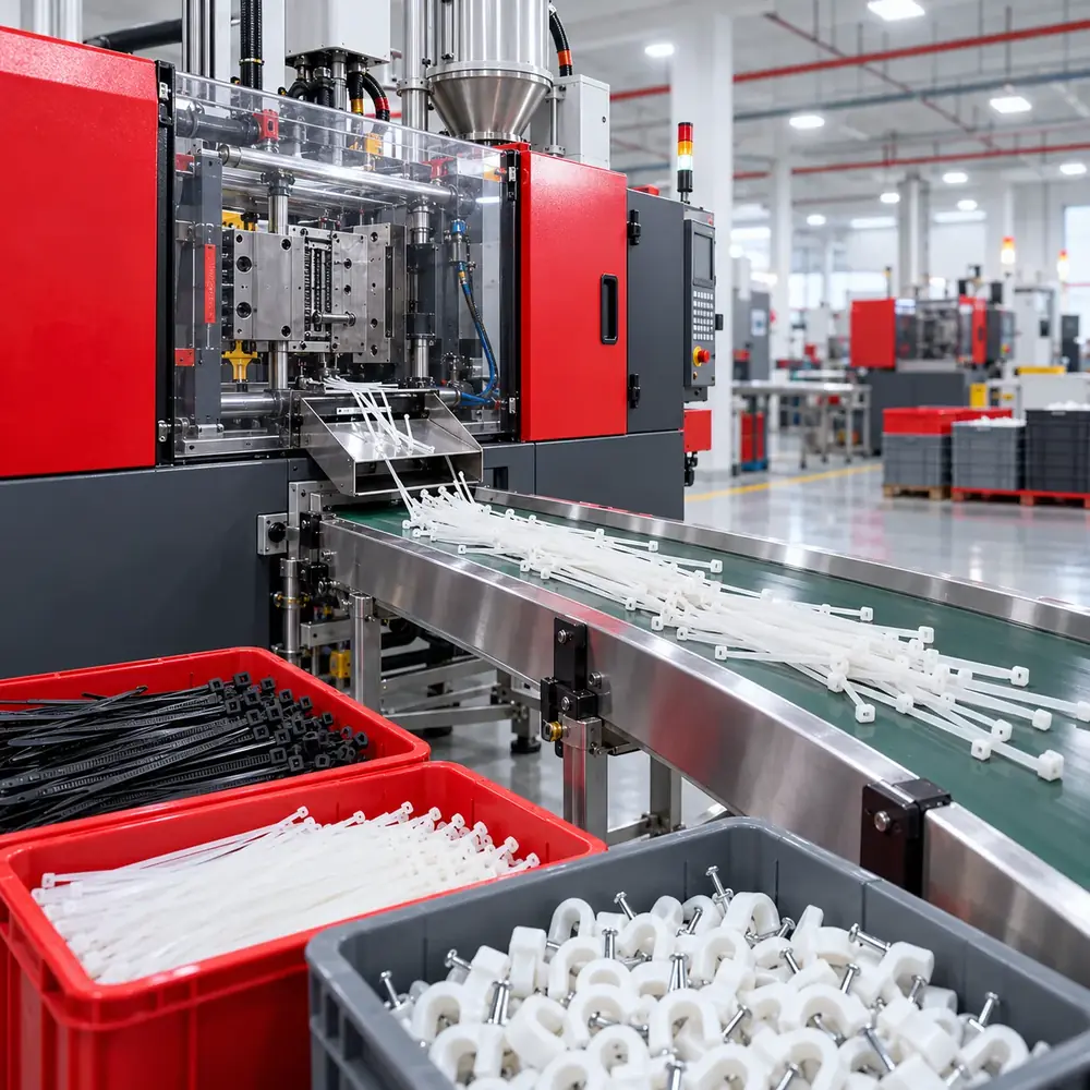 Automated injection moulding line producing nylon cable ties and PVC cable clips