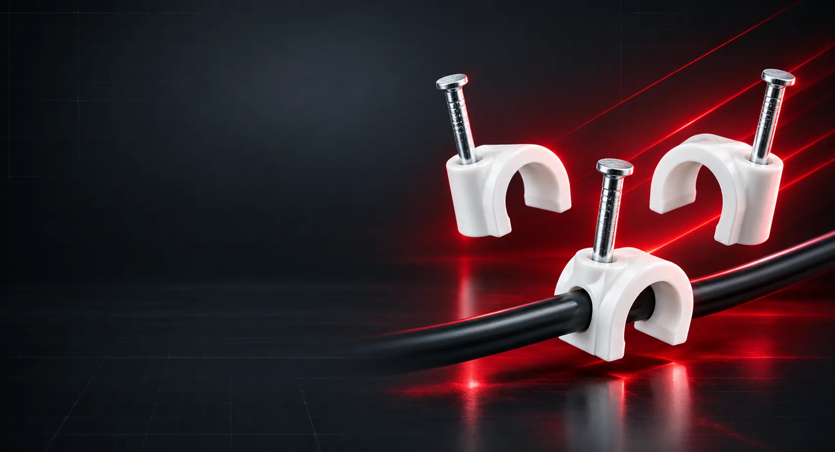 White PVC cable clips with steel nails holding a black wire - R Five Industries
