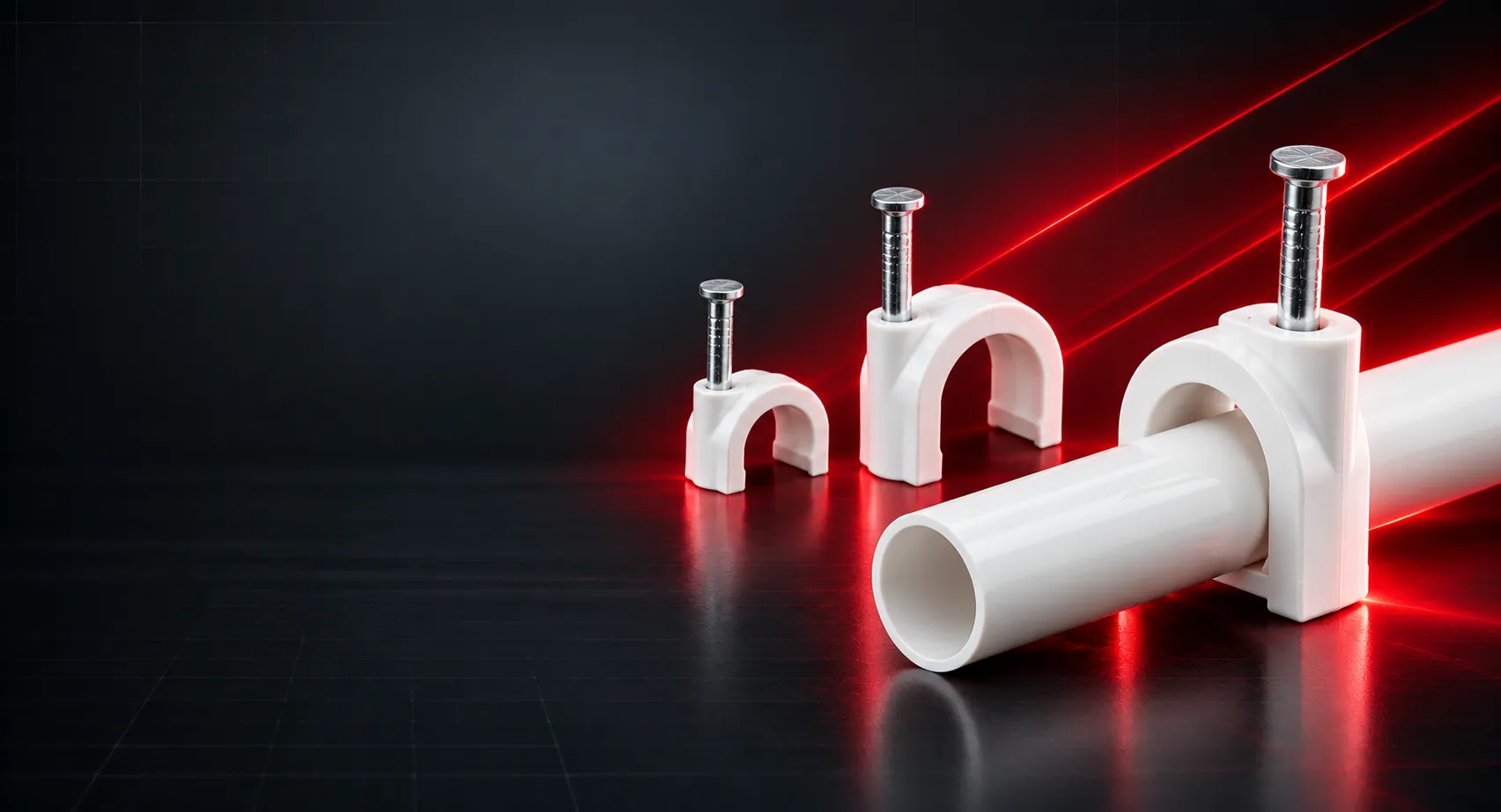 White PVC pipe nail clamps holding a PVC pipe - R Five Industries